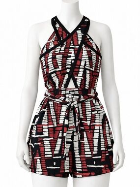 BCBGMAXAZRIA Abstract Print Halter Romper Tie Waist Size M
